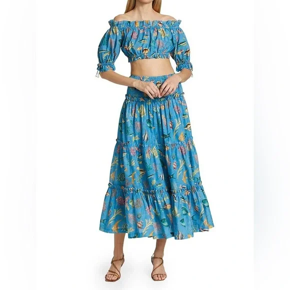 Alemais Otto Fish-Print Textured Cotton Crop Top and Maxi Blue Skirt